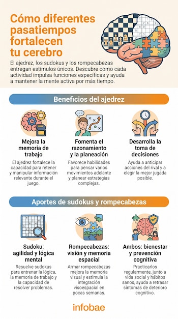 Ilustración de un cerebro con ajedrez, sudoku y rompecabezas, que explica los beneficios de estos pasatiempos para la memoria y la mente.