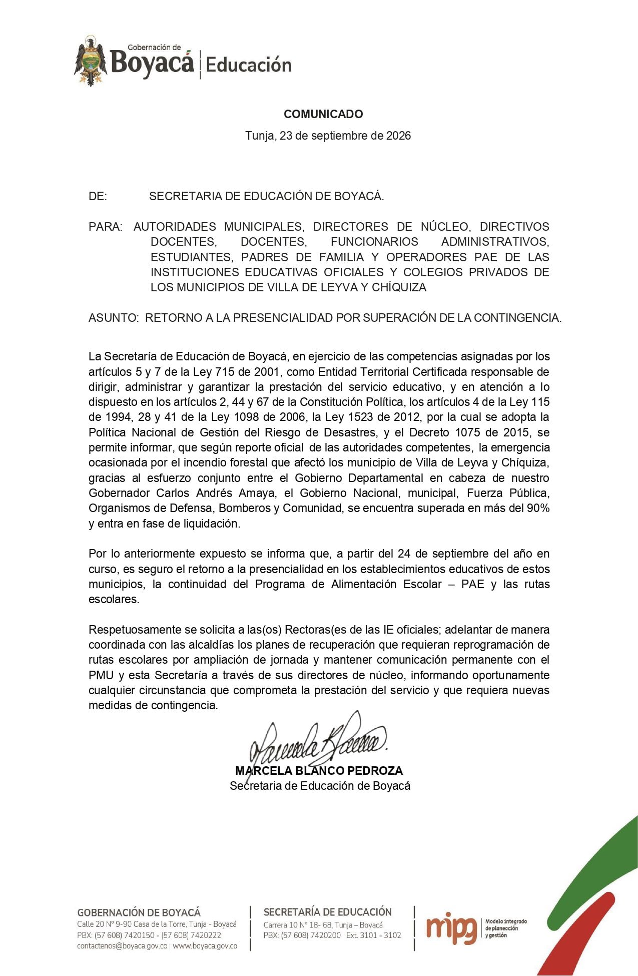 La Secretaría de Educación de Boyacá informó el retorno a la presencialidad en los colegios de Villa de Leyva y Chíquiza desde el 24 de septiembre, tras la superación de más del 90% de la emergencia por el incendio forestal. - crédito @GobBoyaca/X