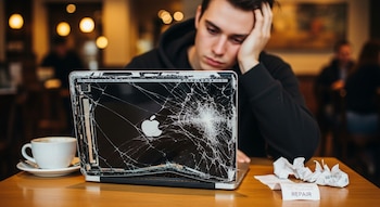 Hombre joven triste en un café mirando su MacBook con pantalla rota y dañada. Junto a ella, un papel arrugado de 'REPAIR' y una taza de café.