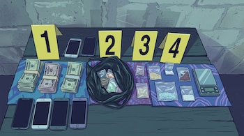 Mesa de madera con marcadores de evidencia numerados, fajos de billetes, teléfonos celulares, bolsas con sustancias y una balanza.