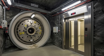 Interior de un túnel subterráneo rocoso con un gran portal metálico circular y un ascensor moderno que muestra '433' en su panel digital.
