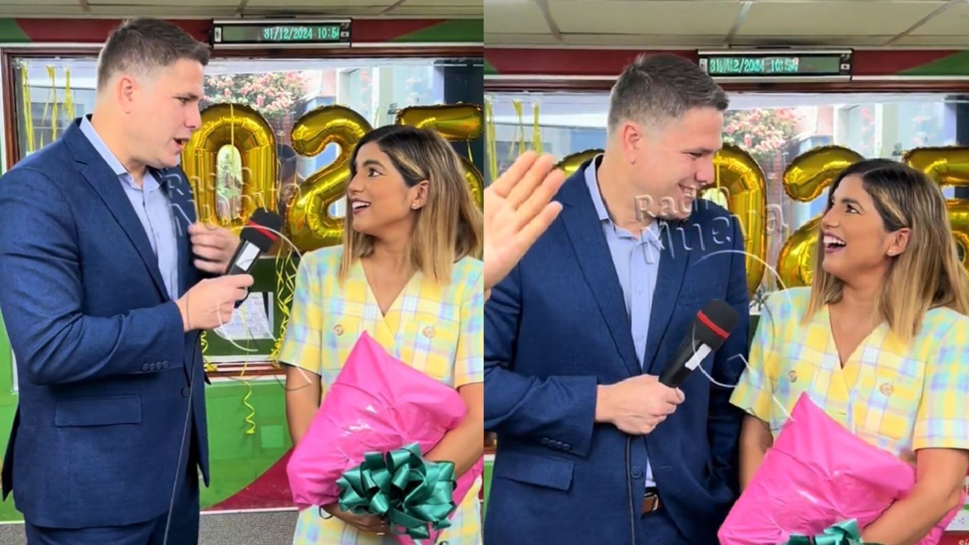 Susana Alvarado, integrante de Corazón Serrano, en coqueteos con Paco Bazán. Radio Nueva Q.