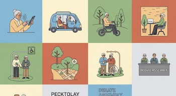 Ilustración modular con escenas: anciana con tablet, pareja en furgoneta, hombre en triciclo, mujer con laptop, pareja en parque, paisaje natural y reunión de figuras.