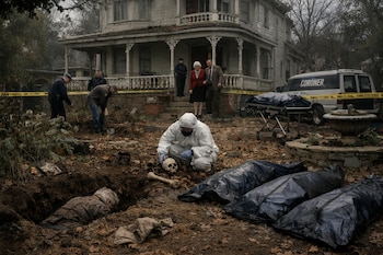 Investigadores forenses y policías trabajan en el jardín de una casa antigua, desenterrando restos humanos; se ven calaveras, huesos, bolsas para cadáveres y una fosa.