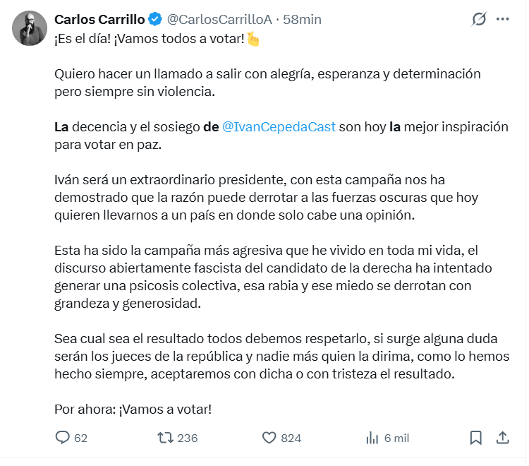 Desde su cuenta en X, el exjefe de la Ungrd pidió acudir a las urnas con alegría y determinación, sin recurrir a la violencia, y sostuvo que los resultados deben asumirse cualquiera sea el desenlace - crédito Carlos Carrillo/X