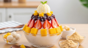 Un gran tazón de bingsu coreano con hielo raspado, fresas en rodajas, cubos de mango, frijoles rojos y una bola de helado de vainilla, sobre una mesa de madera.