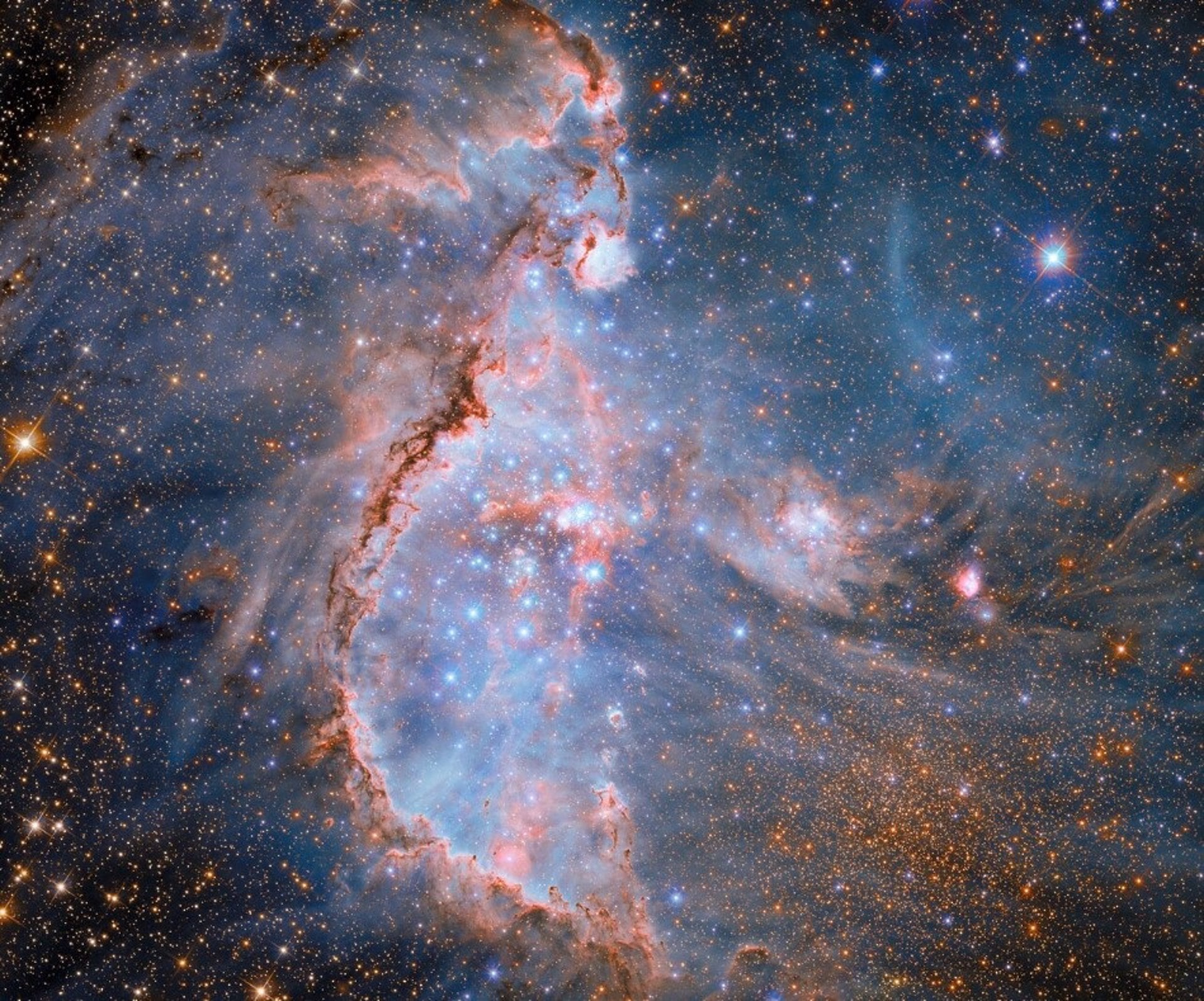 Esta nueva imagen del Telescopio Espacial Hubble de la NASA/ESA muestra NGC 346, un deslumbrante cúmulo estelar joven en la Pequeña Nube de Magallanes. La Pequeña Nube de Magallanes se encuentra a 210000 años luz de la Tierra y está siendo desintegrada por la atracción de su vecina más grande(NASA/ESA)