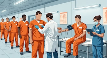 Ilustración de un grupo de reclusos en uniformes naranjas recibiendo revisión médica por parte de personal sanitario en un pasillo de prisión.