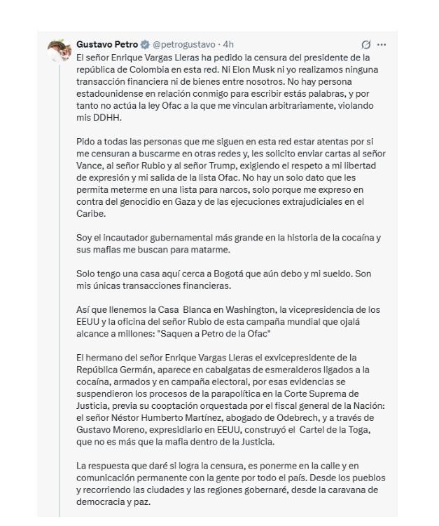 Con este extenso mensaje, el presidente Gustavo Petro lanzó una dura crítica a Enrique Vargas Lleras, hermano del exvicepresidente Germán Vargas Lleras - crédito @petrogustavo/X