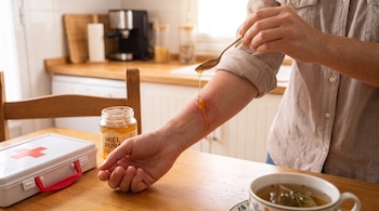 Antebrazo con piel enrojecida donde cae miel desde una cuchara, junto a un frasco de miel y un botiquín sobre una mesa.
