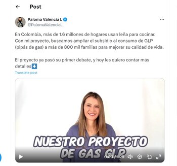 Paloma Valencia habla de un proyecto de ley que busca un subsidio para el consumo del GLP - crédito @PalomaValenciaL
