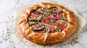 Galette redonda sobre papel de horno en mesa de mármol blanco, con relleno de rodajas de berenjena, tomate, cebolla morada y queso, espolvoreada con cebollino.