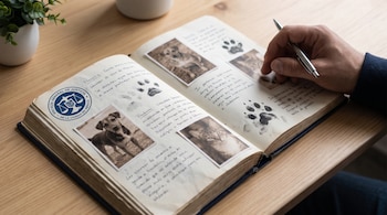 Cuaderno abierto con fotos de perros y gatos, huellas de patas, texto manuscrito y el logo de la Fiscalía General de Justicia de la Ciudad de México, una mano con un bolígrafo.