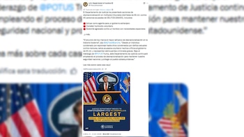 Captura de pantalla de una publicación en redes sociales del Departamento de Justicia de Estados Unidos con texto explicativo y una fotografía