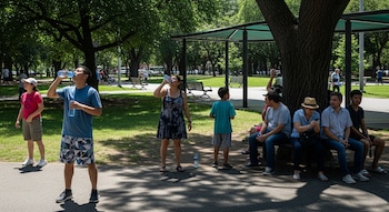 Varias personas beben agua de botellas y otras se sientan en la sombra de un árbol y una estructura en un parque arbolado con césped y caminos.