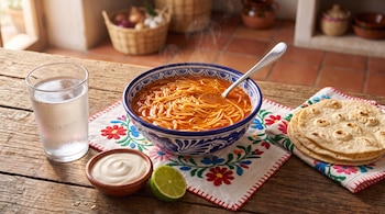 Tazón azul con sopa de fideo, una cuchara, un vaso con agua, una vasija con crema, medio limón y tortillas sobre un mantel bordado.