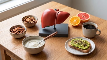 Un modelo anatómico de hígado sobre una mesa de madera rodeado de tazones con frutos secos, yogur, una tostada con aguacate, cítricos y café