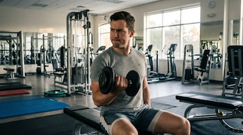 Hombre de camiseta gris y pantalones cortos haciendo curl de bíceps con una mancuerna en un banco de gimnasio. Se ven máquinas y ventanas al fondo.