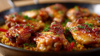 Paella con alitas de pollo, arroz dorado, cocina casera, sabor mediterráneo – (Imagen Ilustrativa Infobae)