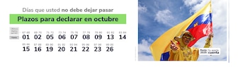 Tabla con fechas de vencimiento para la declaración tributaria junto a una persona vestida de amarillo que sostiene la bandera de Colombia