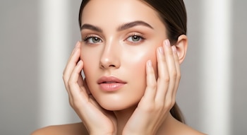 Primer plano de una mujer joven con piel luminosa y sin imperfecciones, con manos sobre sus mejillas. Fondo gris claro con sombras verticales.