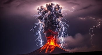 Vista nocturna de un volcán en erupción con lava fluyendo por sus laderas y una enorme columna de humo oscuro atravesada por múltiples relámpagos.