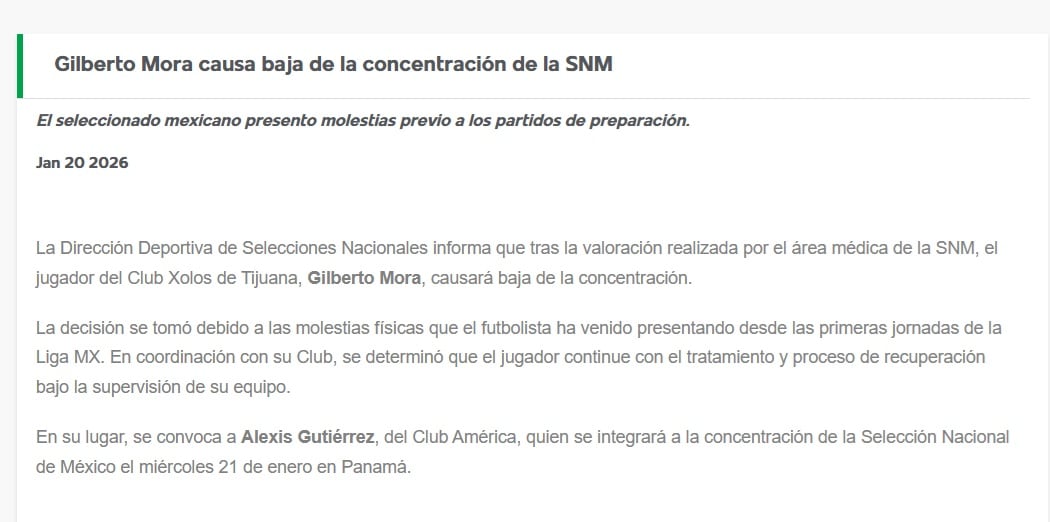 Gilberto Mora será baja de la Selección Mexicana (FMF)