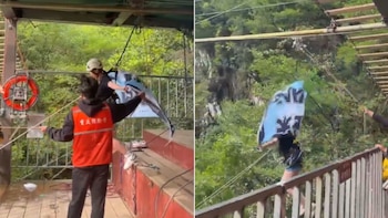 Se rompió la cuerda de seguridad y una turista cayó al vacío en una atracción extrema de China