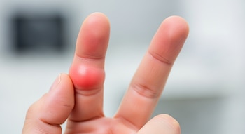Primer plano de una mano con el dedo anular mostrando una hinchazón rojiza y marcada, el fondo es borroso y claro.