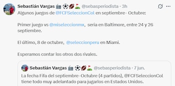 La información del periodista Sebastián Vargas sobre los próximos partidos de la selección Colombia - crédito @sebasperiodista/X