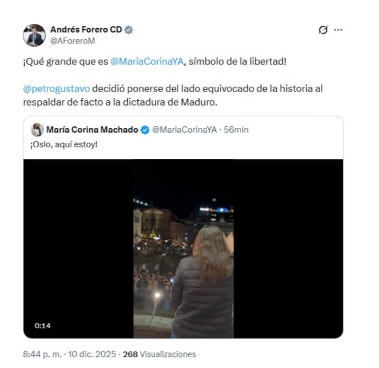 El representante a la Cámara Andrés Forero expresó su admiración por María Corina Machado - crédito @AForero/X