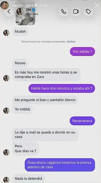 Captura de pantalla de una conversación de mensajes de texto en Instagram entre las cuentas de Wanda Nara y Zaira Nara