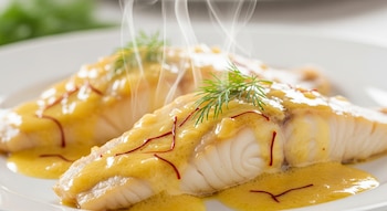 Dos filetes de merluza humeantes en un plato blanco, cubiertos con salsa cremosa de azafrán dorado, decorados con hebras rojas de azafrán y eneldo fresco.