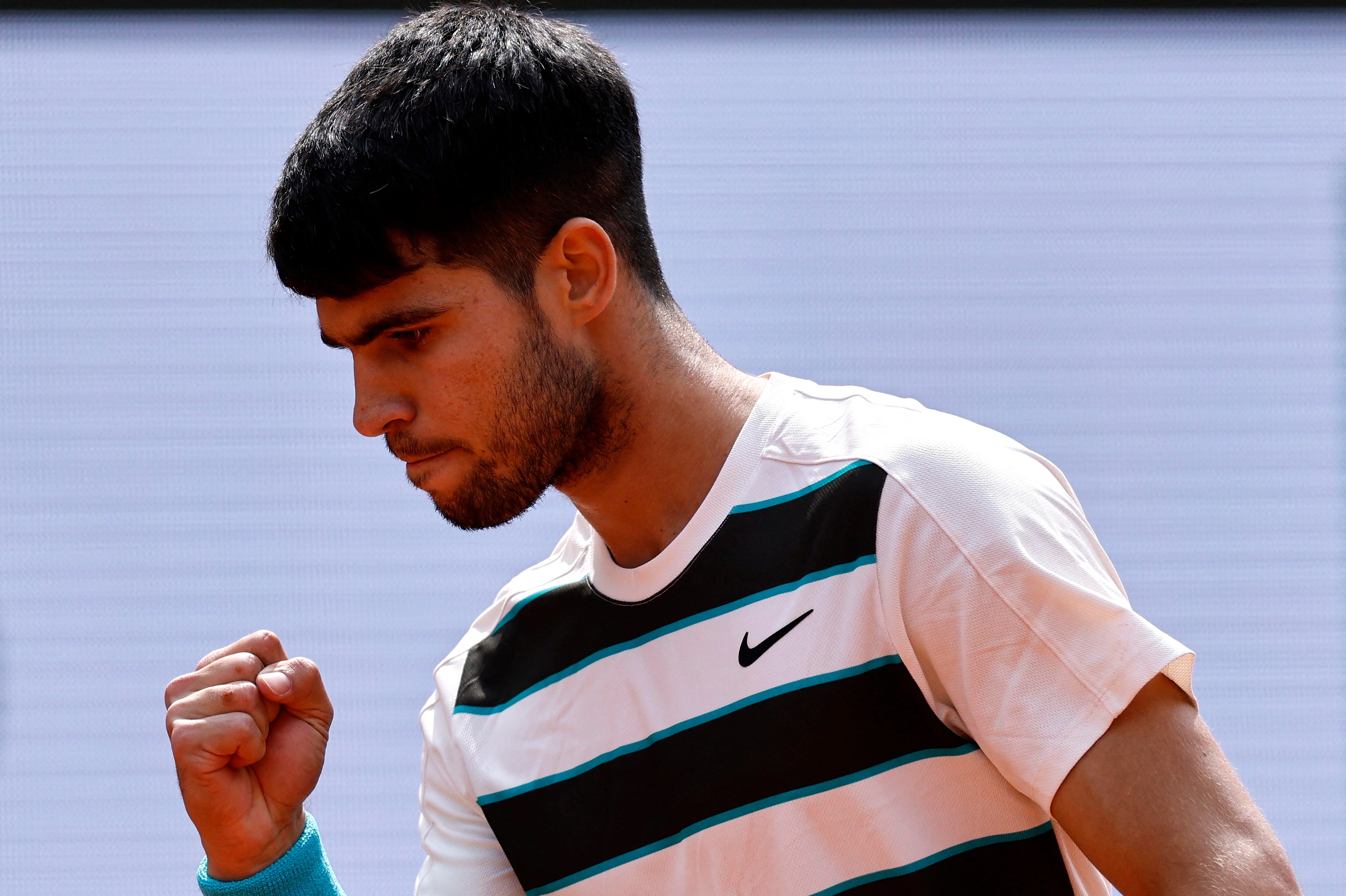 Tennis - French Open - Roland Garros, Paris, France - June 8, 2025 Spain's Carlos Alcaraz reacts during his final match against Italy's Jannik Sinner REUTERS/Stephanie Lecocq