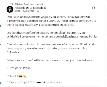 El presidente Abelardo de la Espriella agradeció a Luis Carlos Sarmiento Angulo y a su esposa, Fanny Gutiérrez de Sarmiento, por su contribución económica para atender la emergencia derivada del terremoto - crédito @ABDELAESPRIELLA/X