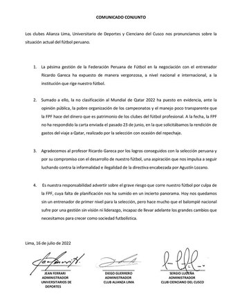 Comunicado conjunto de Universitario, Alianza