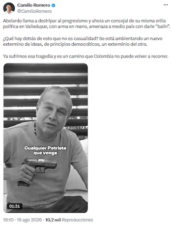 Camilo Romero rechazó amenazas y exigió debate democrático sin violencia - crédito @CamiloRomero/X