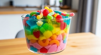 Vaso grande de cristal con capas de gelatina de varios colores como azul, verde, amarillo y rosa. Cubierto con gomitas de gusano, frutas y otras formas.