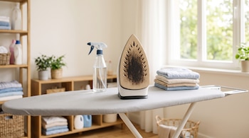 Tabla de planchar con una plancha de suela quemada, una botella de spray, pilas de ropa doblada y estanterías con botellas.