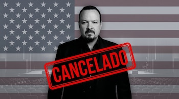 Retrato de Pepe Aguilar sobre una bandera de Estados Unidos en tonos grises, con un sello rojo grande que dice "CANCELADO" y siluetas de un escenario vacío.