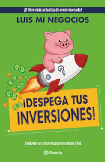 Dibujo de un cerdo rosa montado en un cohete espacial rodeado de billetes de dinero, sobre fondo verde con texto de portada de libro