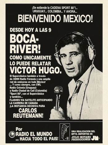 Publicidad de Víctor Hugo Morales de 1981, cuando se jugó un Superclásico de mañana porque corría Carlos Reutemann