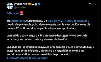 Corpades alertó sobre la salida de más de 20 policías de Guamalito tras los ataques contra la subestación del corregimiento - crédito @corpades / X