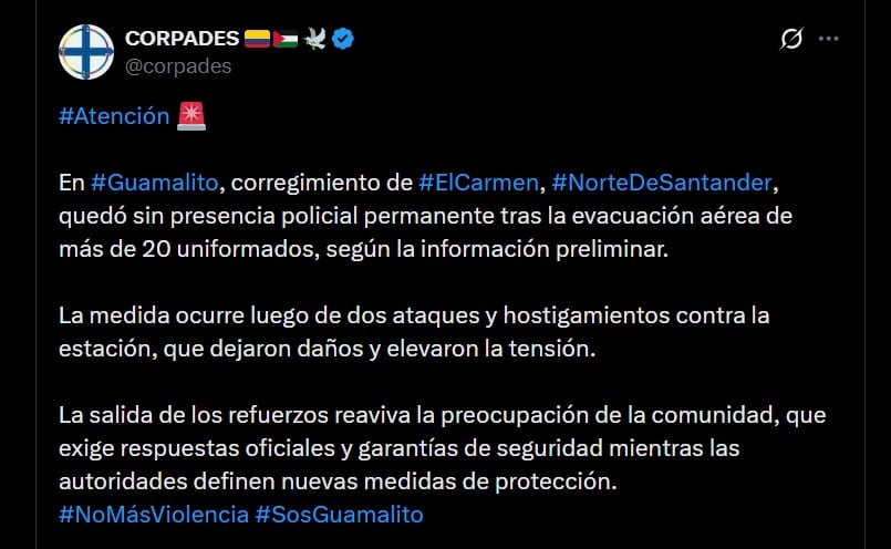 Corpades alertó sobre la salida de más de 20 policías de Guamalito tras los ataques contra la subestación del corregimiento - crédito @corpades / X