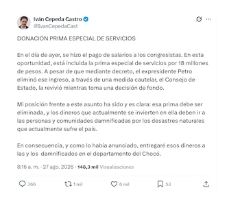 Iván Cepeda donará su prima de servicios a damnificados del terremoto