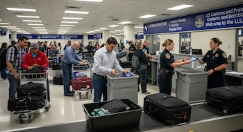 Grupo diverso de viajeros en área de inspección de aduanas de aeropuerto. Algunos entregan dispositivos a agentes de CBP. Maletas y señalización bilingüe visibles.