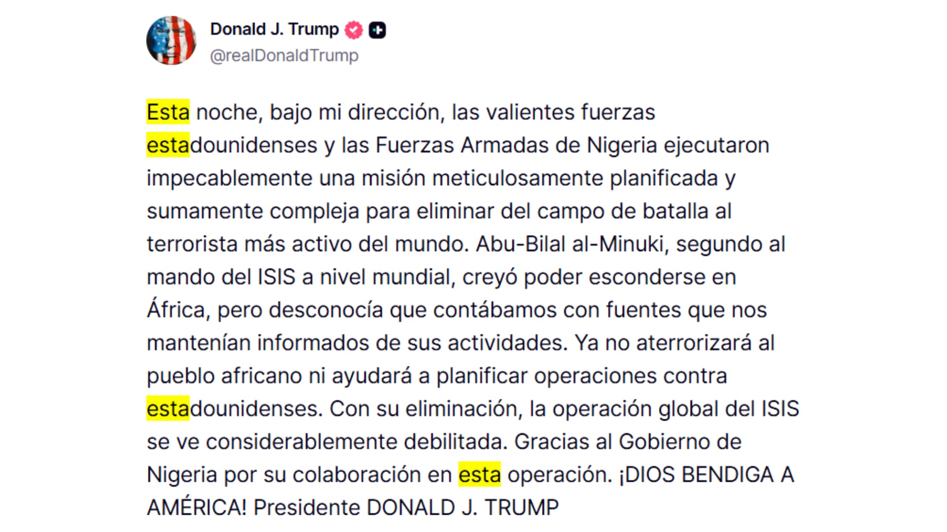 El anuncio de Donald Trump sobre la misión de las fuerzas estadounidenses y nigerianas contra el segundo al mando de ISIS (@realDonaldTrump)