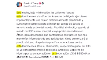 El anuncio de Donald Trump sobre la misión de las fuerzas estadounidenses y nigerianas contra el segundo al mando de ISIS (@realDonaldTrump)
