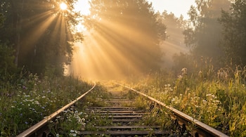 Vías de tren rectas se adentran en un bosque cubierto de niebla, iluminadas por potentes rayos de sol que atraviesan los árboles.