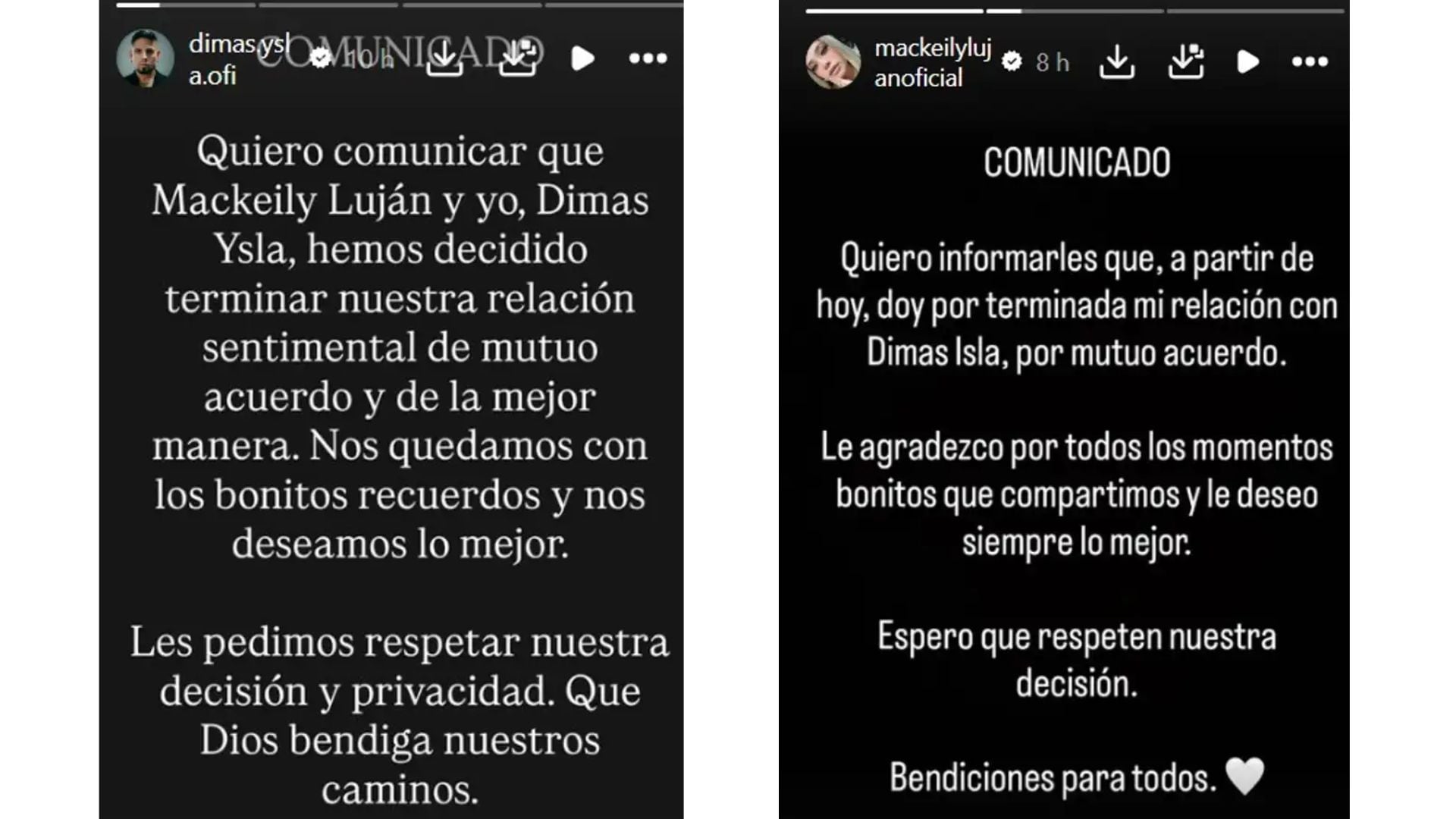 Los cantantes Mackeily Luján y Dimas Ysla confirman la ruptura de su relación sentimental a través de comunicados en sus redes sociales.